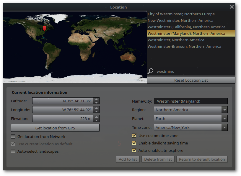 Location dialog